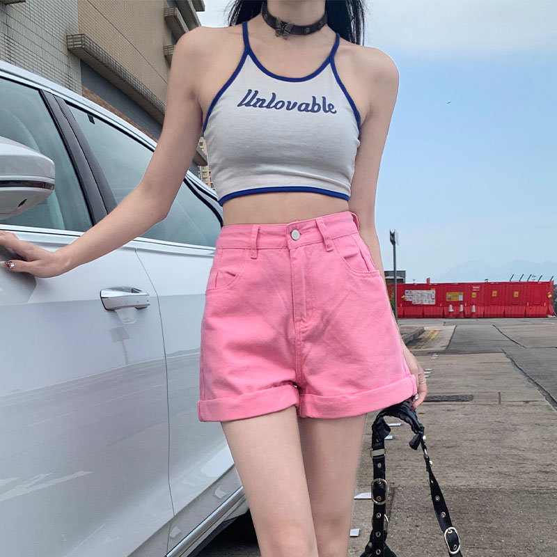 高腰卷边牛仔短裤女夏薄显瘦A字