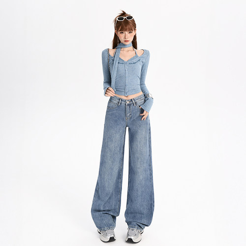 美式复古高腰阔腿拖地牛仔裤女