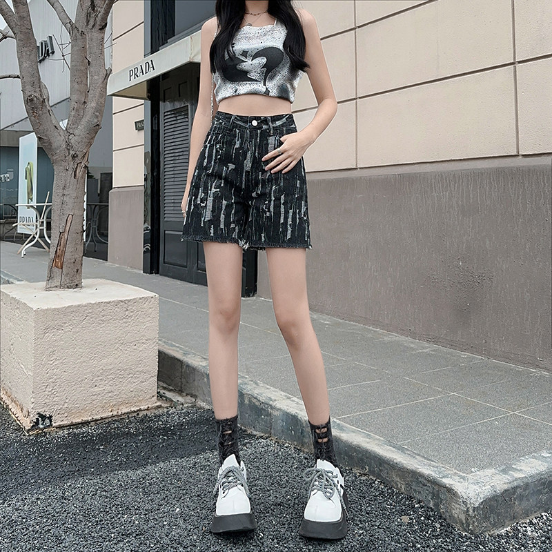 高腰三分牛仔短裤女夏季2025新款小个子宽松显瘦毛边直筒个性中裤