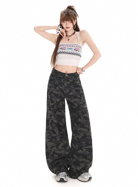 美式高街工装迷彩阔腿牛仔裤女夏季2026新款高腰垂感宽松直筒裤子