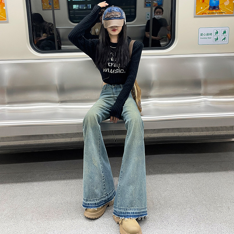 怀旧浅蓝高腰辣妹风牛仔裤女2026年新款夏季复古水洗设计感拖地裤图片