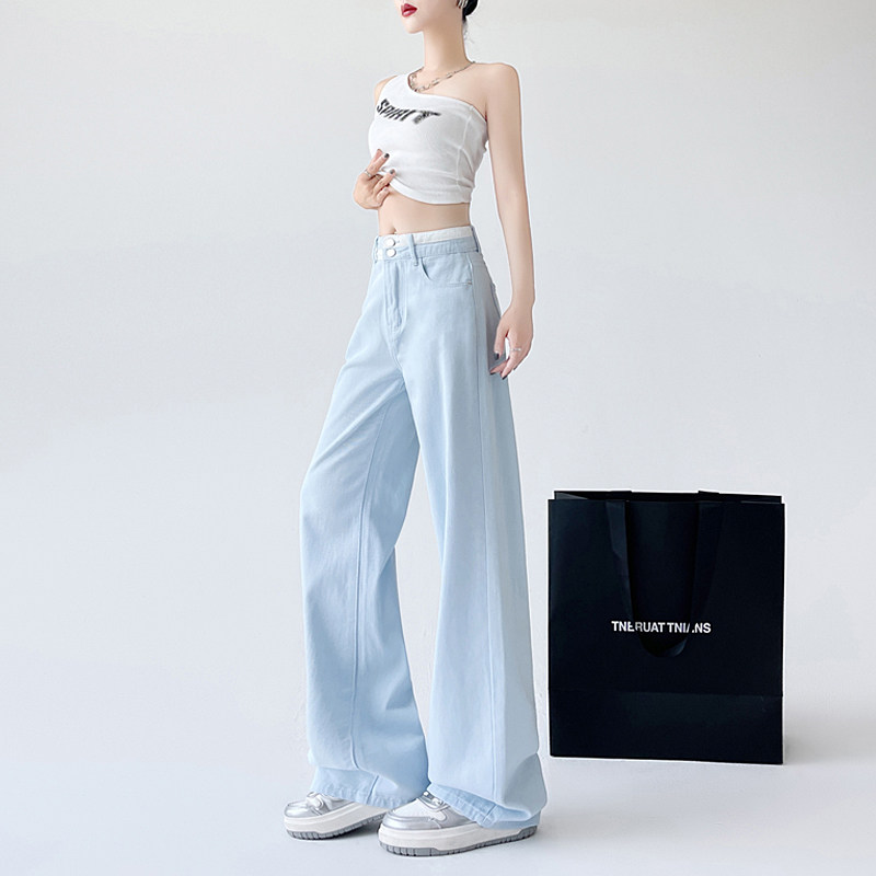 蓝色刺绣高腰阔腿牛仔裤女2026新款春季流行宽松梨形身材直筒裤子