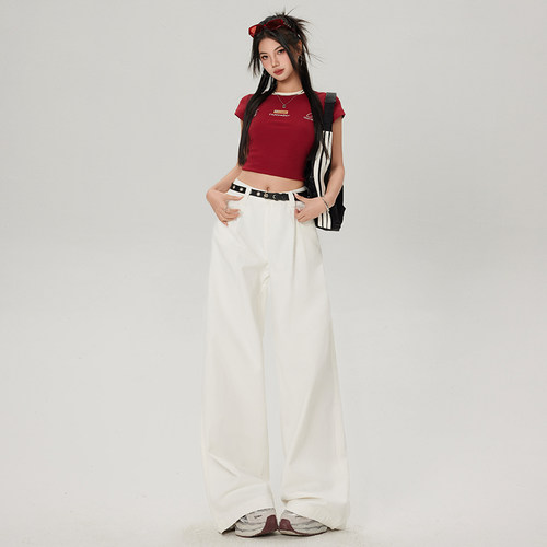 夏季白色阔腿显瘦牛仔女裤