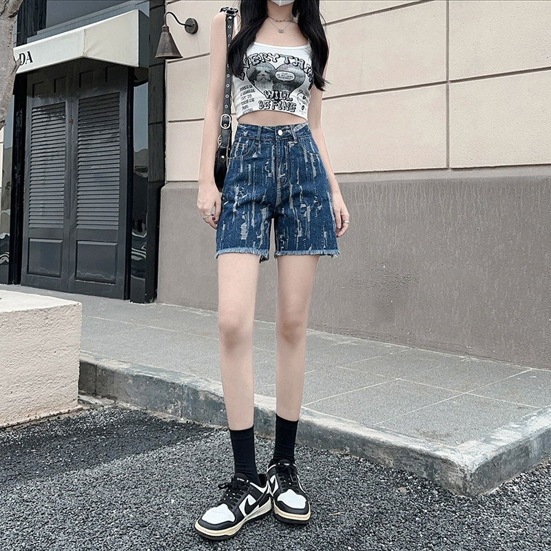 高腰三分牛仔短裤女夏季2026新款小个子宽松显瘦毛边直筒个性中裤