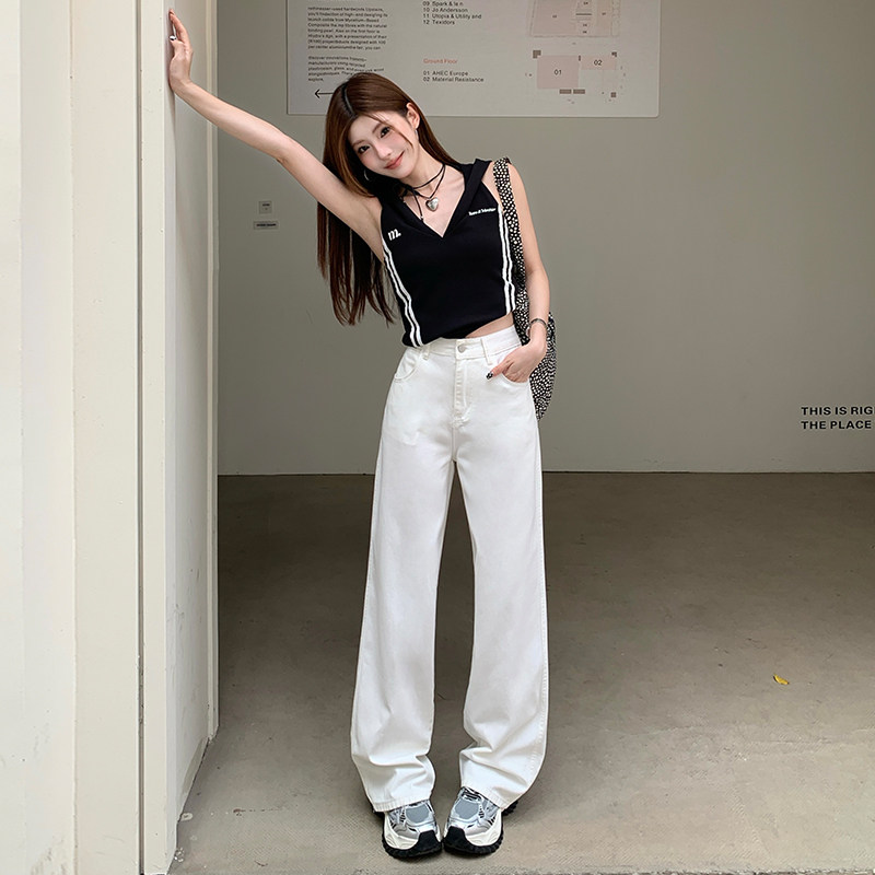 米白色极简高腰宽松牛仔裤女2026新款夏季高级风设计感显瘦直筒裤
