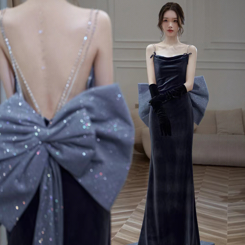 蓝色鱼尾晚礼服女2025年