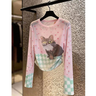 碎花网纱卡通猫咪长袖T恤女时尚气质设计感小众甜美防晒罩衫上衣
