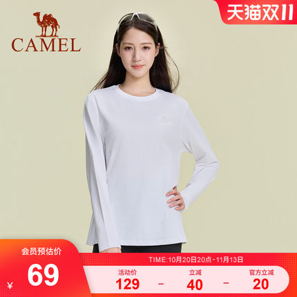 骆驼运动T恤长袖棉T正肩T神女士宽松透气舒适抗菌打底衫百搭上衣