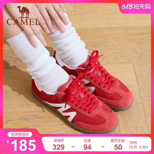 骆驼板鞋女新款平底小白鞋红色
