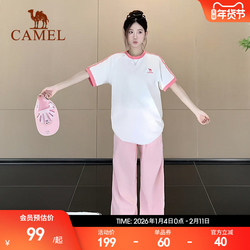 夏日骆驼T神纯棉短袖运动T恤女圆领半袖男情侣装宽松复古休闲上衣