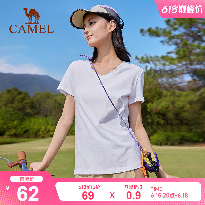 骆驼v领正肩短袖T恤女2026新款打底衫辣妹慵懒风白色纯棉运动上衣