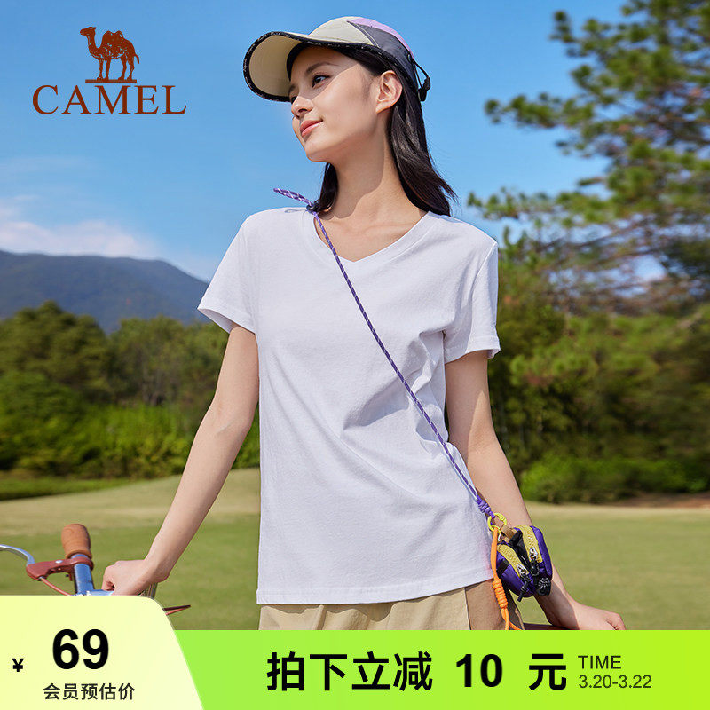骆驼v领正肩短袖T恤女2026新款打底衫辣妹慵懒风白色纯棉运动上衣