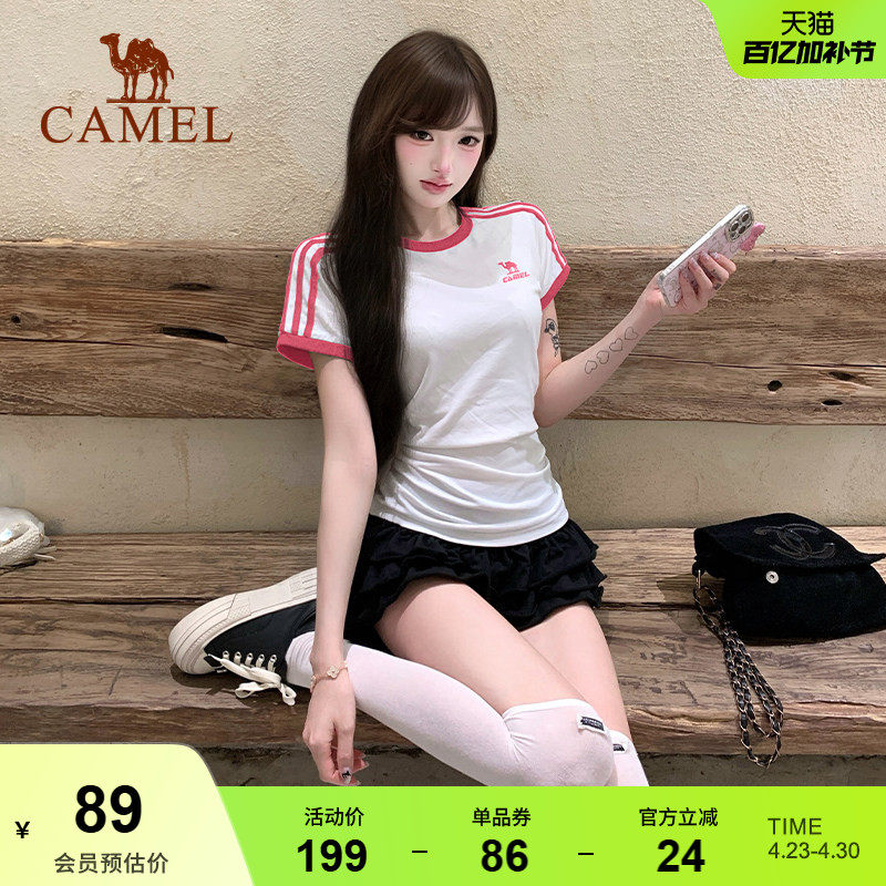 夏日骆驼T神运动T恤女纯棉辣妹正肩修身百搭休闲夏季复古美式上衣