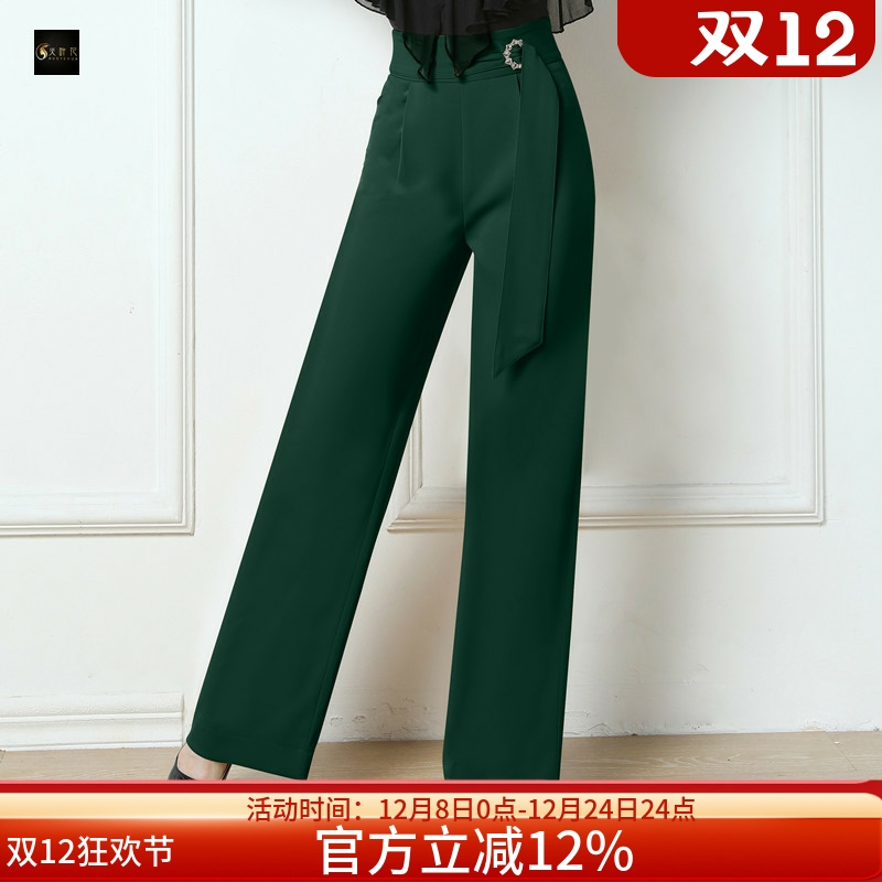 火叶花摩登舞裤飘带直筒跳舞裤