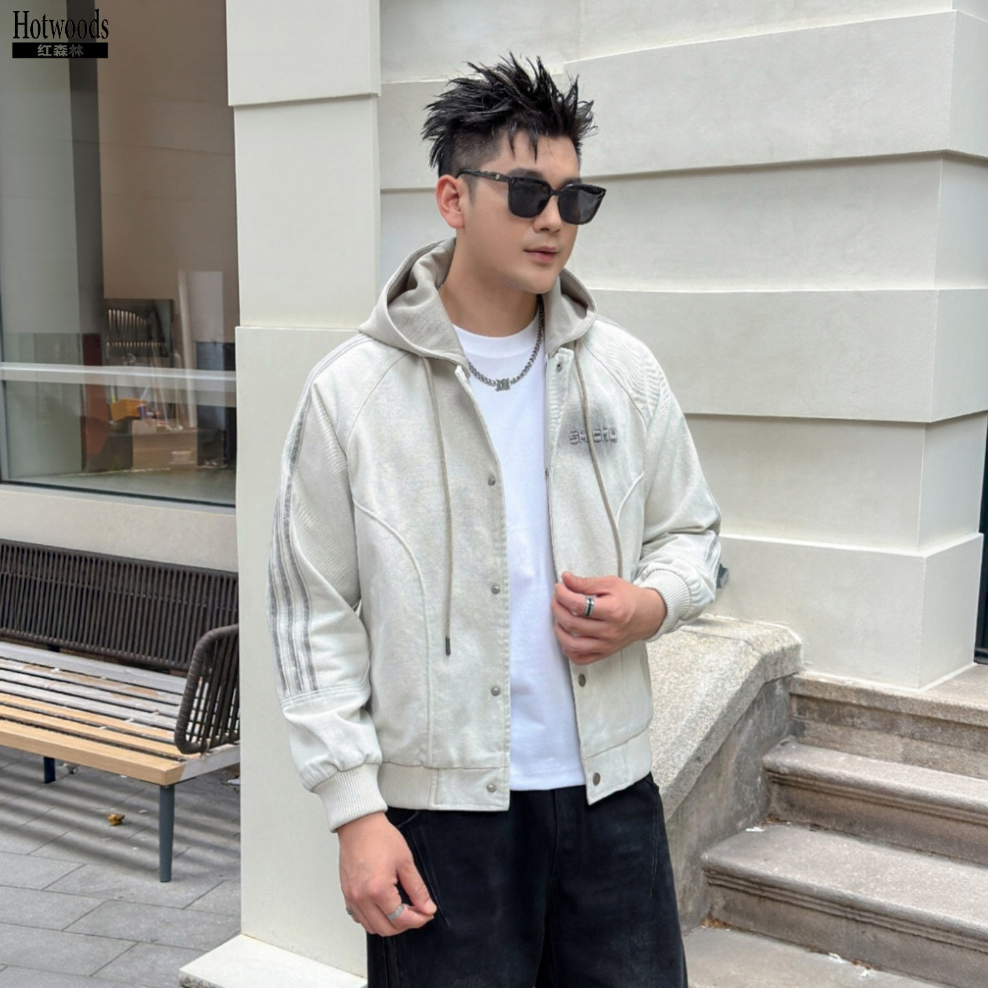 红森林男士可拆帽后背印花夹克图片