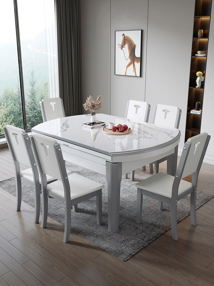 亮光岩板餐桌椅组合现代简约家用小户型可伸缩方圆两用实木饭桌子,住宅家具,岩板餐桌,淘宝优惠券,粉丝福利购,淘宝优惠卷