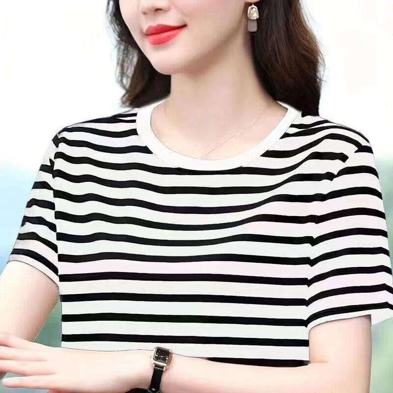 纯棉短袖T恤女士宽松大码显瘦半袖胖mm夏装新款条纹上衣气质妈妈
