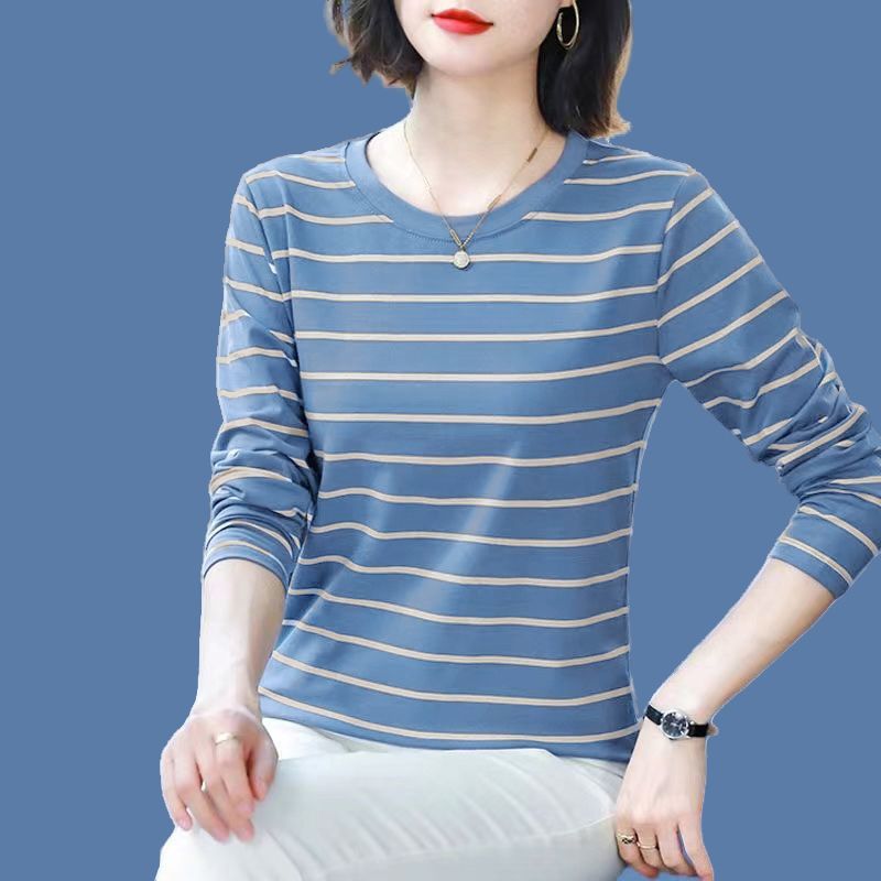 早秋新款中年妈妈纯棉条纹长袖t恤女大码宽松秋衣外穿打底衫上衣