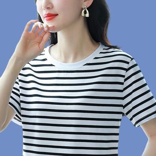 t恤女上衣新款 条纹中年妈妈宽松大码 纯棉短袖 夏季 显瘦 体恤衫 半袖