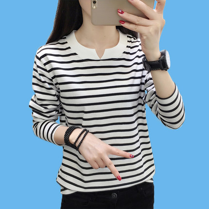 秋冬女装新款中年妈妈纯棉长袖T恤女藏肉遮肚上衣内搭条纹打底衫