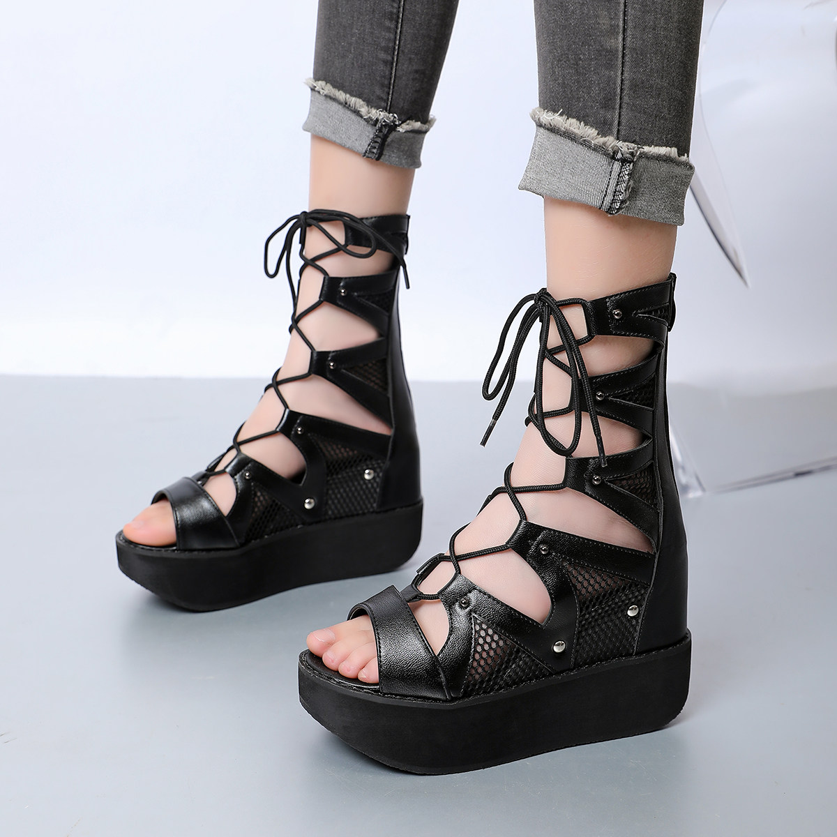 凉鞋女春夏镂空显瘦百搭高帮短靴薄款网靴厚底坡跟内增高绑带凉靴