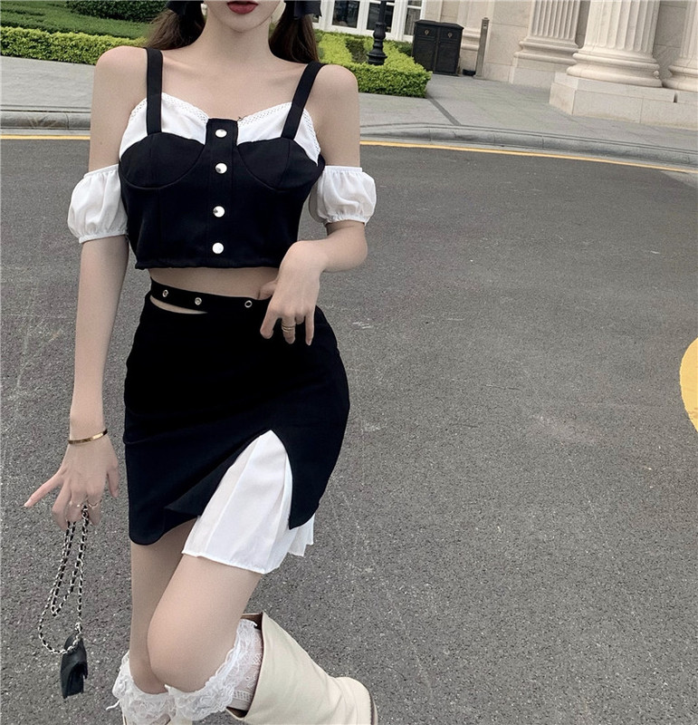 Real price, versatile design, stitching strap off shoulder top + high waist skirt