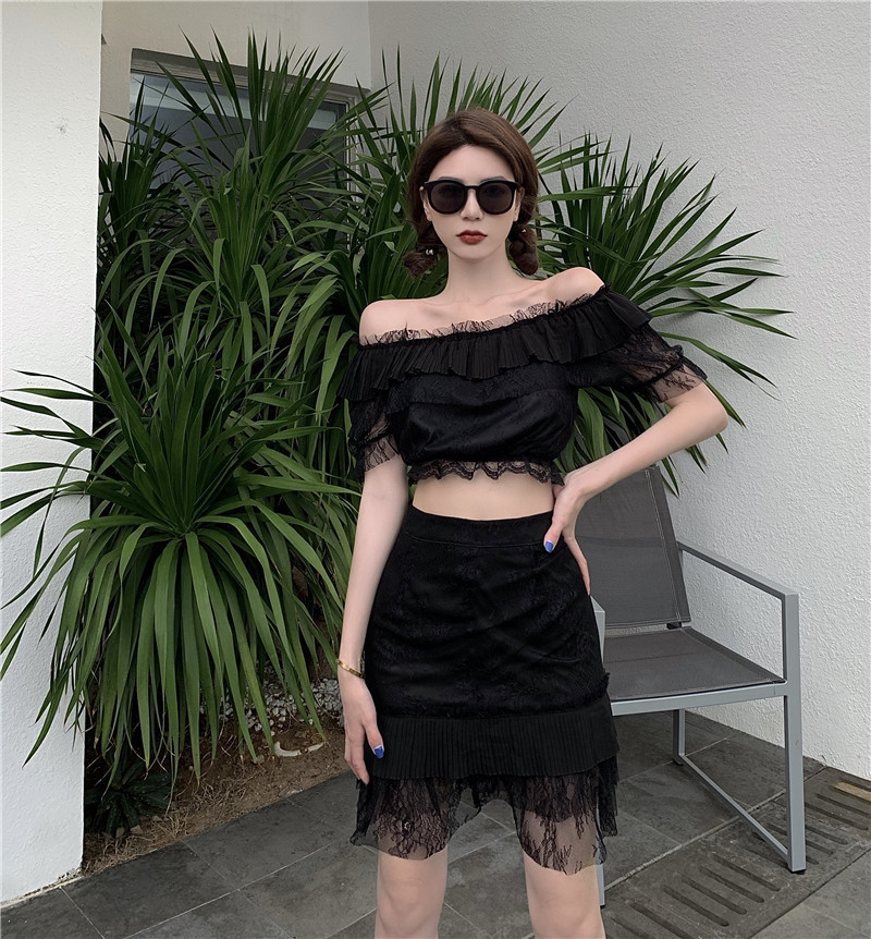 Black lace one shoulder top + Lace Skirt Suit