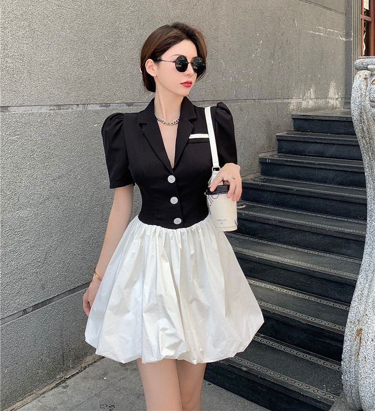 Real price, versatile lapel, contrast stitching, bubble sleeve, fake two-piece suit dress, puffy skirt