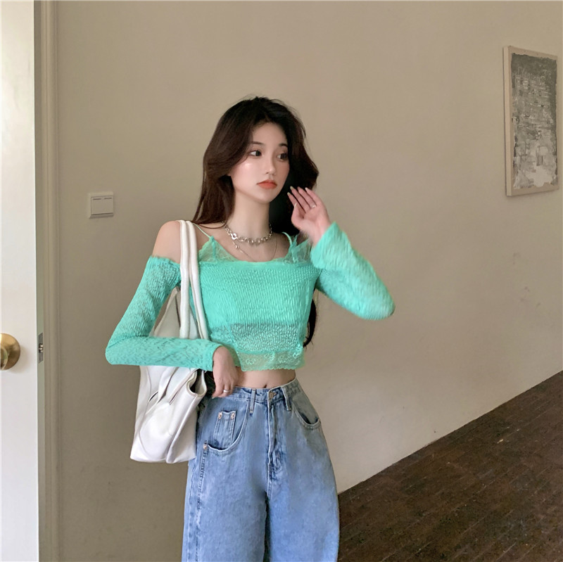 Real shooting and real price versatile off shoulder lace shirt lace stitching slim suspender top