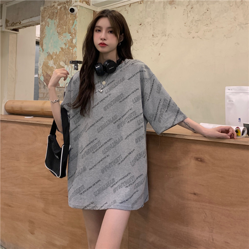 Real price versatile letter print casual loose short sleeve medium length T-shirt