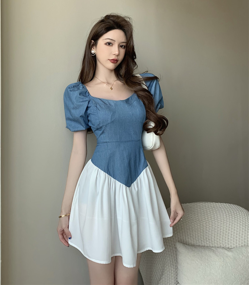 Real price versatile square neck contrast stitching irregular bubble sleeve dress