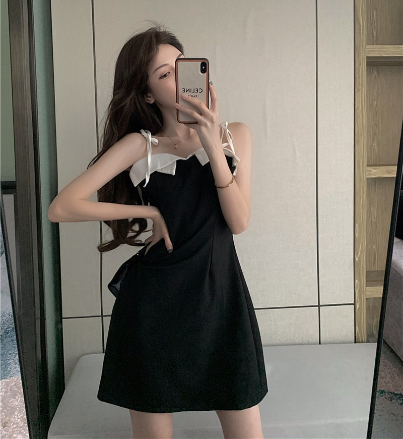 Real price versatile short sleeve lace up slim stitching contrast dress