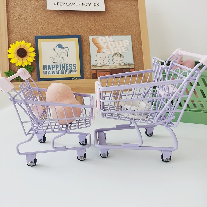 ins少女心马卡龙色桌面收纳摆件迷你购物车铁艺收纳车造型摆拍道