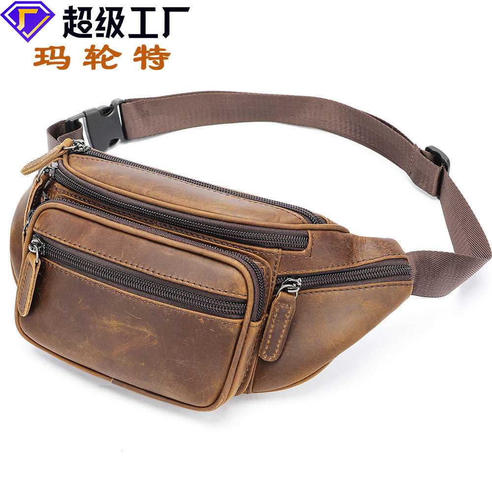 复古休闲男士真皮腰包 多功能斜跨疯马皮胸包头层牛皮男款胸前包