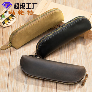 头层牛皮拉链笔袋疯马皮复古手工收纳盒简约真皮眼镜袋子零钱