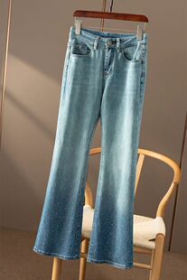 D美人鱼 法国烫钻渐变水洗牛仔高腰喇叭长裤女春天家H 0S78 特