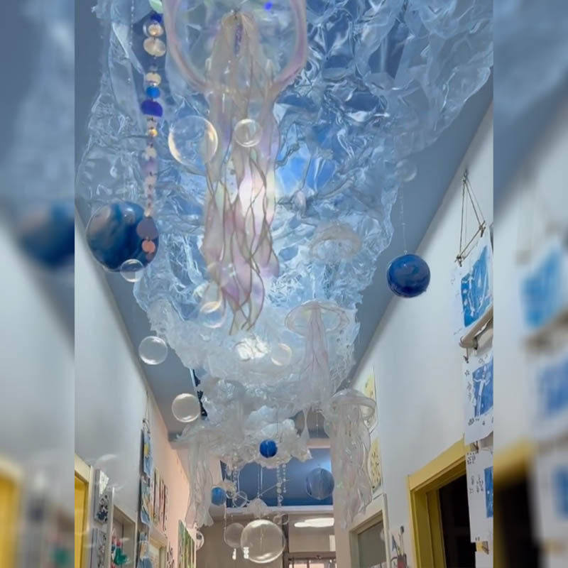 夏日幼儿园海洋主题环创欧根纱六角网水母灯diy走廊教室吊饰装饰