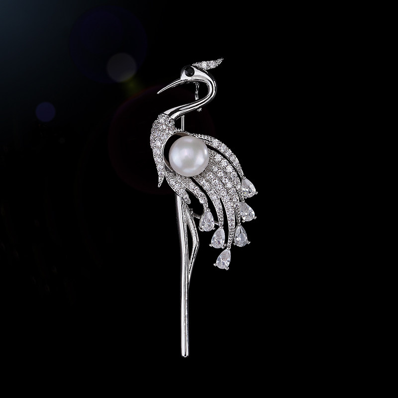 新中式淡水珍珠仙鹤胸针高档女奢华气质西服胸花高端别针国风配饰