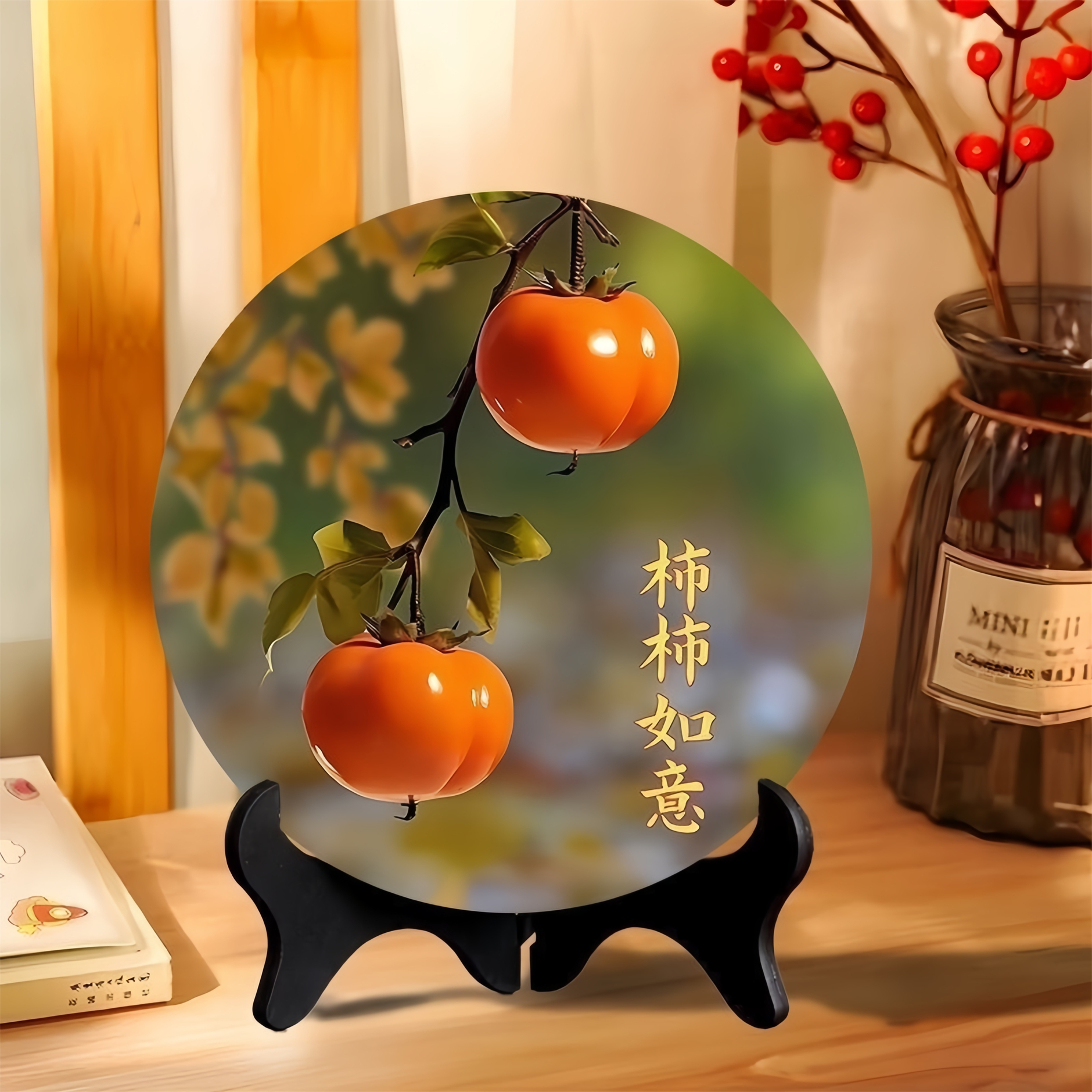 柿柿如意玄关相框摆件家居柿子苹果装饰画客厅酒柜摆台乔迁礼物图片