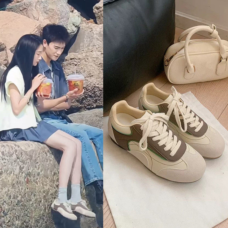 耀眼关晓彤晴也同款德训鞋真皮内增高阿甘鞋子拼色平底女运动板鞋