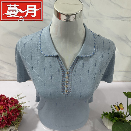 妈妈夏季短袖天丝T恤女镶钻洋气上衣中老年桑蚕丝薄款针织衫大码