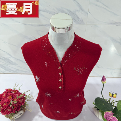 100纯羊毛衫V领绣花大红色秋冬季