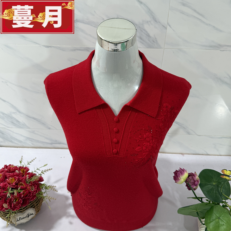 本命年大红色妈妈装秋冬季100%纯羊毛衫女士翻领毛衣针织打底小衫