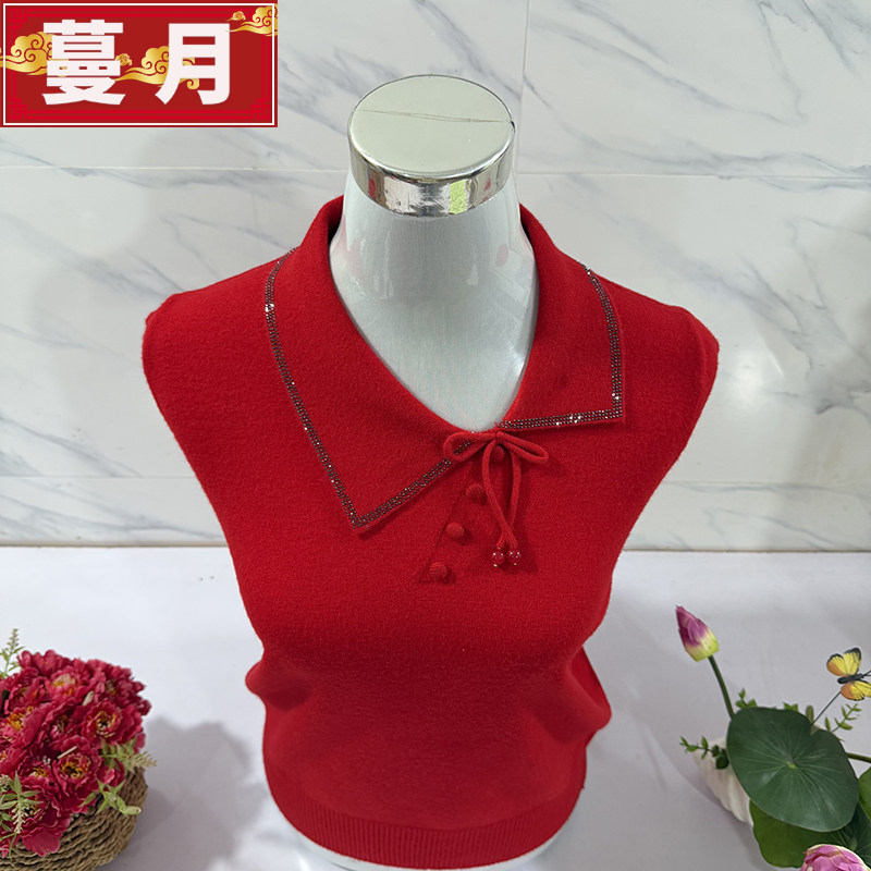秋冬新款妈妈装翻领蝴蝶结针织衫中老年女装洋气红色毛衣上衣长袖