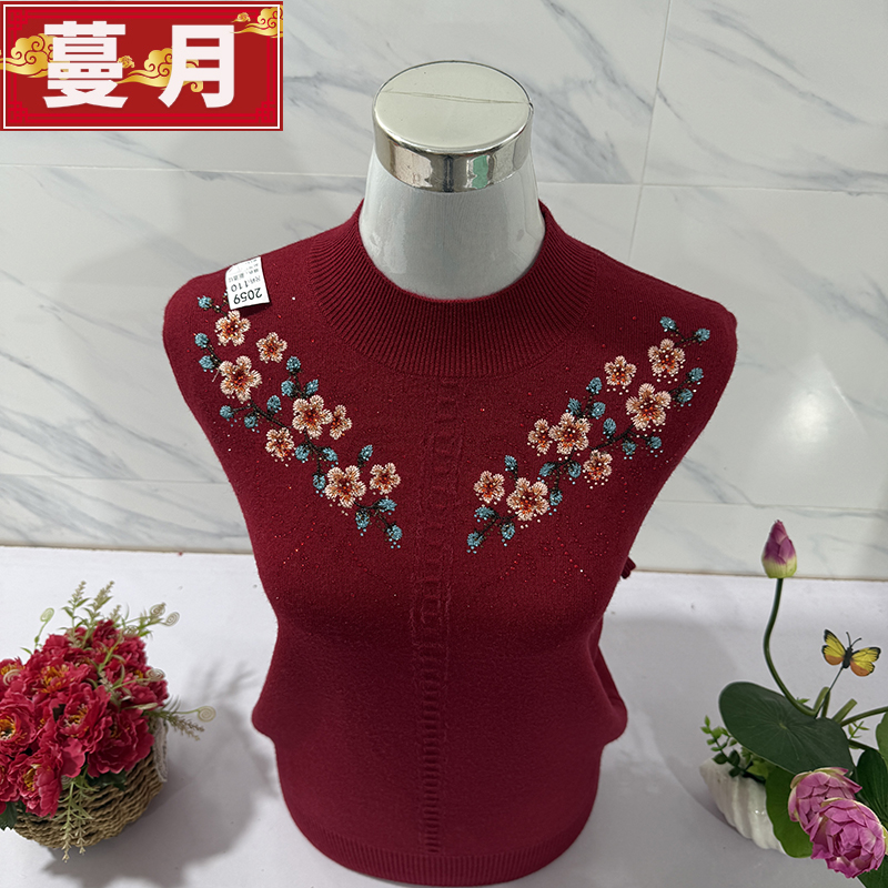 中老年女士半高领绣花加绒针织衫