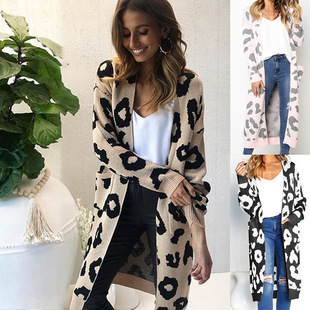 print cardigan sweater women top knit long Leopard jacket