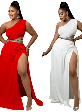 Women's plus size set with sloping shoulders sexy hip dress