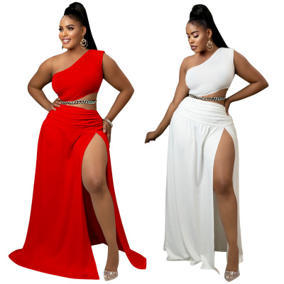 Women's plus size set with sloping shoulders sexy hip dress
