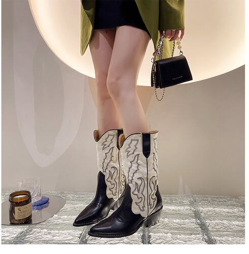 刺绣西部牛仔靴女粗跟骑士靴女 women cowboy boots knight boots