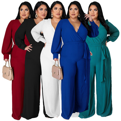 Fashion plus size women temperament loose waistband jumpsuit